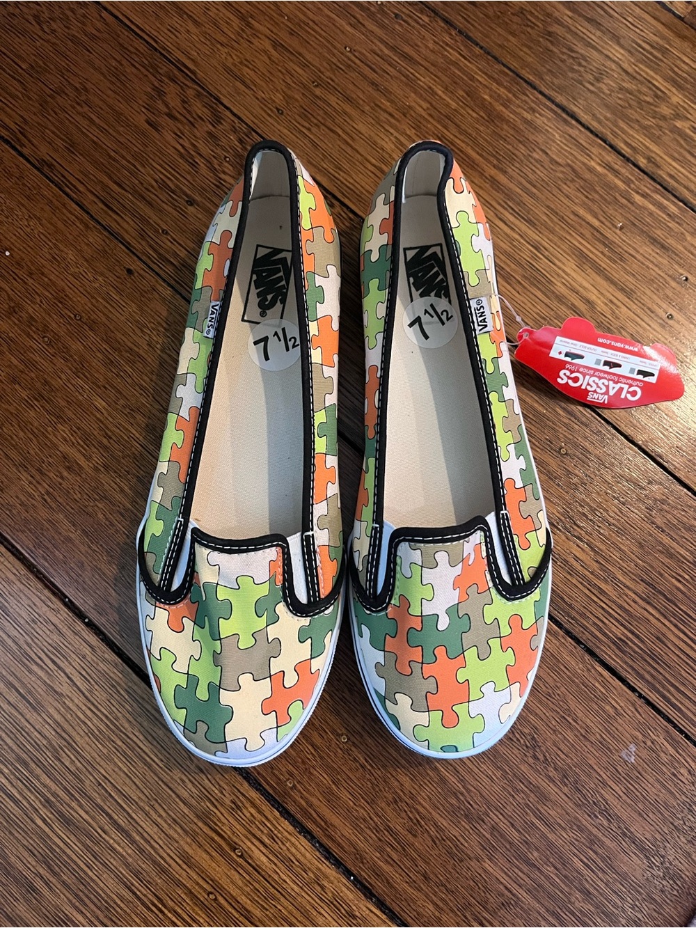 Vans Slip-On Puzzle Print Sneakers in Green, Orange & Tan - Picture 2 of 5